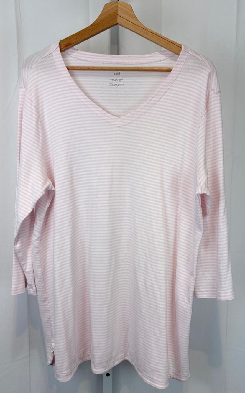 J. JILL Pima 3/4 Sleeve V-Neck Tee Striped Top Slim Fit Pink White XLT XL Tall